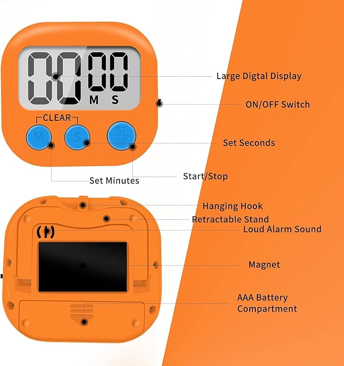 12 Pack Small Digital Kitchen Timer Magnetic Back and ON/Off Switch,Minute Second Count Up Countdown(White,Blue,Orange