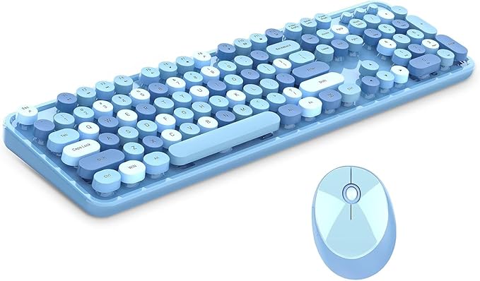 Guffercty kred Colorful Blue Wireless Keyboard Mouse, Cute Retro Typewriter Round Keycaps 2.4GHz Dropout-Free Connection for Laptop/PC (Multicolor Blue)