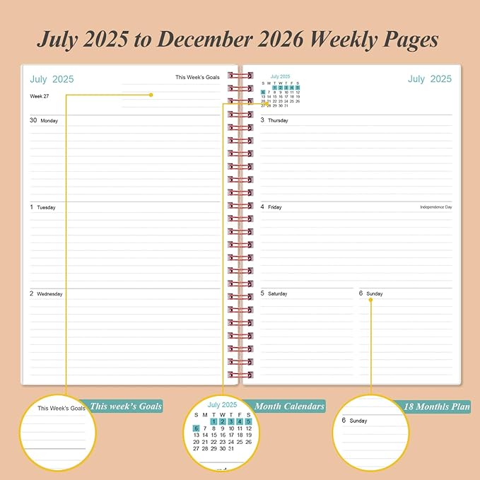 2025-2026 Planner - 18 Months Weekly & Monthly Planner from July 2025 - December 2026, Spiral Planner 2025-2026 with Elastic Closure, Inner Pocket, Medium 5.8" x 8.3", Rose Leaf