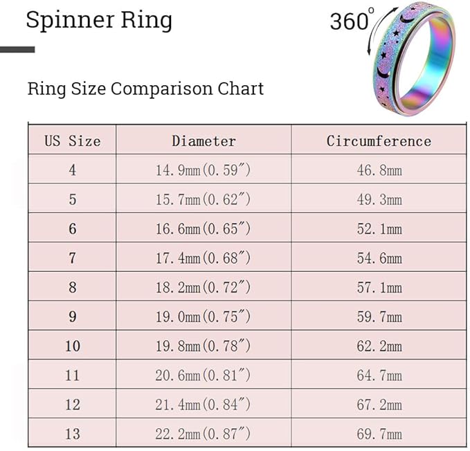 OreilleStar Anxiety Spinner Ring for Women - Fidget Toy for Adults - Stainless Steel Silver Rainbow Size 7 Moon Star Band