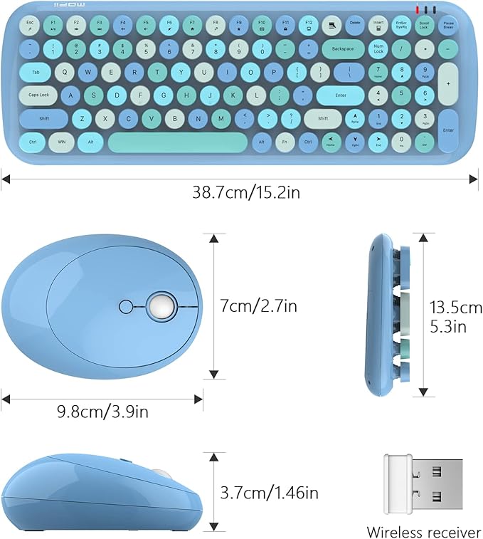 KNOWSQT Wireless Keyboard and Mouse Combo, Light Blue 100 Keys 2.4 GHz Round Keycap Typewriter Keyboards, USB Receiver Plug and Play, for Windows, PC, Laptop, Computer, Desktop