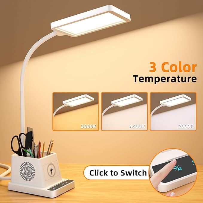 cozoo Desk Lamp, LED Desk Lamps for Home Office with 15W Wireless Charger/Organizer,Desk Lamp for College Dorm Eye-Caring Study Light,Gooseneck Table Lamp with Pen Holders/Storage,12 Lighting Modes