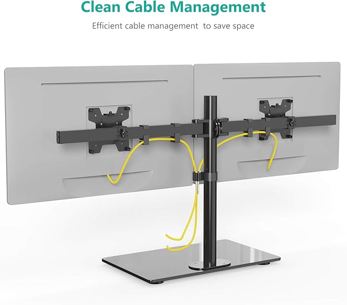 WALI Free Standing Dual Monitor Stand, Height Adjustable Monitor Mount with Glass Base, Fits LCD LED Flat Curved Screen up to 27 inch, 22lbs, with Grommet Base (GMF002)