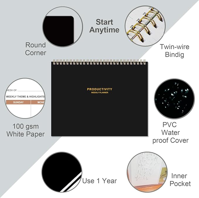 Weekly Productivity Planner - 8.5" x 11" Dashboard Desk Notepad Has 6 Focus Areas to List Tasks for Goals, Projects, Clients, Academic or Meal-Organize Your Daily Work Efficiently, 54 Weeks, Black