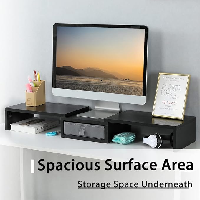 TEAMIX Dual Monitor Stand Riser with Drawer - Length and Angle Adjustable Double Monitor Riser Corner Desk Shelf Organizer 37 inch Long Monitor Riser for 2 Monitors/Laptop/PC/Screen/TV