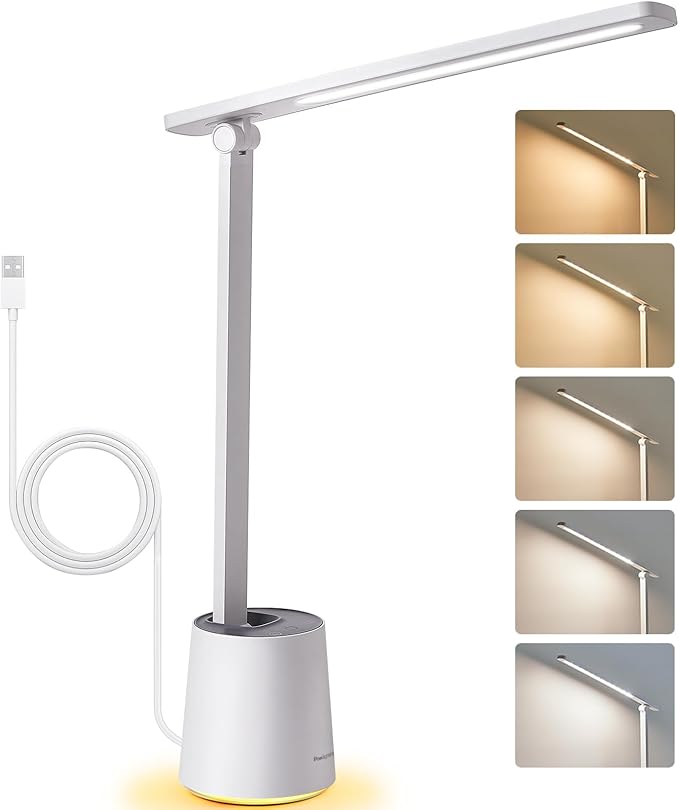 Pak LED Desk Lamp, Dimmable Eye-Caring Desk Light with 5 Color Modes & Brightness Levels, Portable Small Study Reading Table Lamp with Night Mode, Touch Control, Ideal for Home Office, Dorm, White