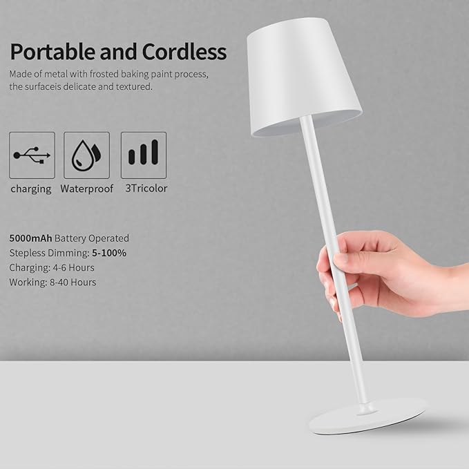 BGFHome Cordless Table Lamp LED Desk Lamp,5000mAh Rechargeable Touch Night Light Lamp,Wireless Minimalist Design for Restaurant/Bedroom/Bars/Outdoor Party/Camping/Coffee Shop(White)