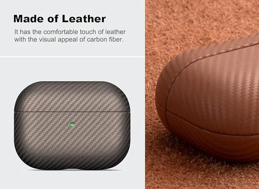 Leather Case - for AirPods Pro 2 Case Cover - Selected Skin-friendly Leather, Carbon Fibre Texture, Handmade Drop Protective Hard Cover for AirPods Pro 2nd Generation Earbuds, Desert Titanium