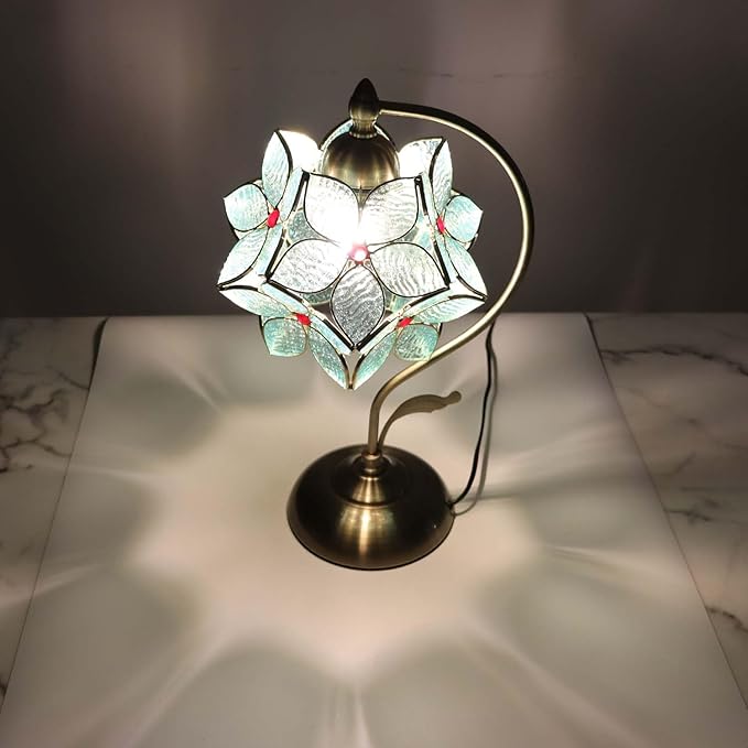 Bieye L10932 Tiffany Style Stained Glass Flower Petal Table Lamp with Brass Base for Home Décor (Light Blue, 8" Apple Blossom)