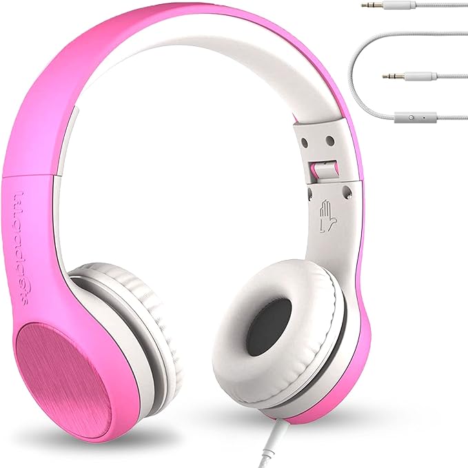 LilGadgets Connect+ Style On-Ear Kids Headphones with Microphone - SharePort Technology, SoftTouch Padding, Detachable Cable, Noise Reduction, Durable & Adjustable - Pink School Headphones for Kids