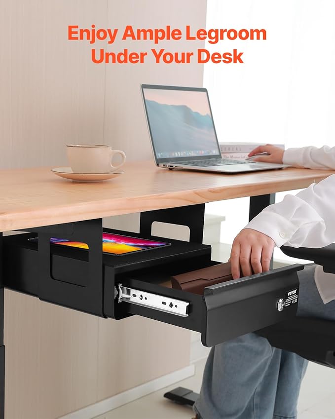 VEVOR Under Desk Lockable Slide Out Drawer, 13 inch Under Desk Pull-out Drawer for Sit Stand Workstation, Secure Under Counter Drawers for Home Office Storage Organizer, Black