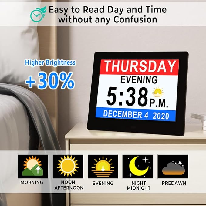 Véfaîî 19 Alarms Dementia Clock 8 Inch Large Display, Auto DST, 10 Levels Auto Dimmable, Non-Abbreviated Date and Day Calendar Clock for Seniors, with Power Adaptor, Picture Frame Feature