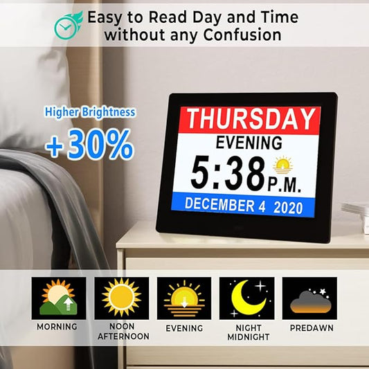 Véfaîî 19 Alarms Dementia Clock 8 Inch Large Display, Auto DST, 10 Levels Auto Dimmable, Non-Abbreviated Date and Day Calendar Clock for Seniors, with Power Adaptor, Picture Frame Feature