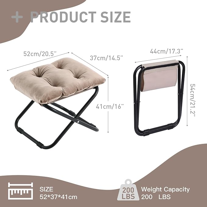 LITA Folding Footrest Stool, Portable Ottoman Foot Rest, Upholstered Small Foldable Ottoman Stool with Detachable Thick Cotton Cushion Padded Sofa Stool for Living Room, Bedroom, Khaki