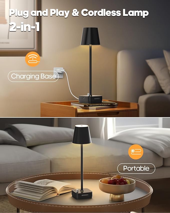 2 Pack Cordless Table Lamp with Charging Base, Rechargeable 6000mAh Battery Operated Lamp, 3 Color Dimmable Portable Table Light for Restaurant, Bedroom, Home, Kitchen Counter
