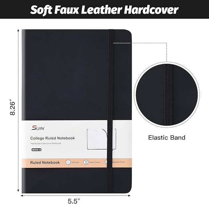 SUIN Hardcover-Journal-Notebooks, A5 Lined Journals Notebook for Writing 200 Pages, 8.2 x 5.5 inch, Classic Ruled Notebooks for Work/Travel/College (Black - 6 Pack)