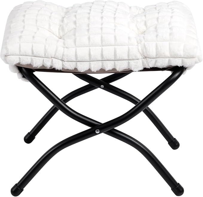 HollyHOME 15"(H) Folding Footrest Stool, Upholstered Small Foldable Ottoman, Accent Padded Sofa Foot Stool for Lazy Chair, Metal Portable Foot Rest Ottoman for Living Room, Bedroom, Faux-Fur White