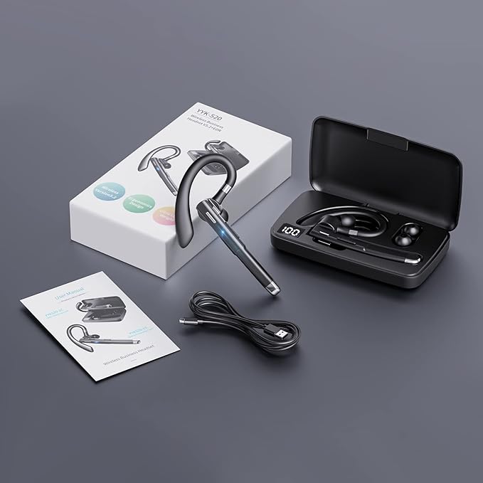 Bluetooth Headset V5.3,100 Hrs Talk Time Single-Ear Earphone, CVC8.0 Noise Cancelling Wireless Earbud, Business Earbud with 500 mAh Charging Case, Hands-Free Earpiece for Trucker/Home/Office Work