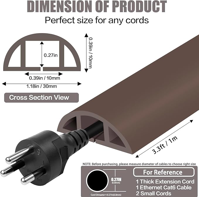 Floor Cord Cover Cable Cavity Self Adhesive Cord Hider Floor 3.3FT Floor Cable Management Power Cord Protector Floor Electric Cord Covers for Offices, Gym, Exhibitions (CoffeeBrown, 1.18" x 3.3')