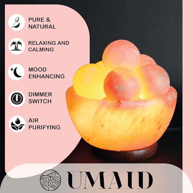 UMAID Himalayan Salt Lamp Bowl with 6 Massage Balls – Dimmable Natural Pink Rock Salt Lamp for Relaxation, Meditation,Yoga, Spa, Office, Bedroom, Wellness, Home Decor, and Unique Gift