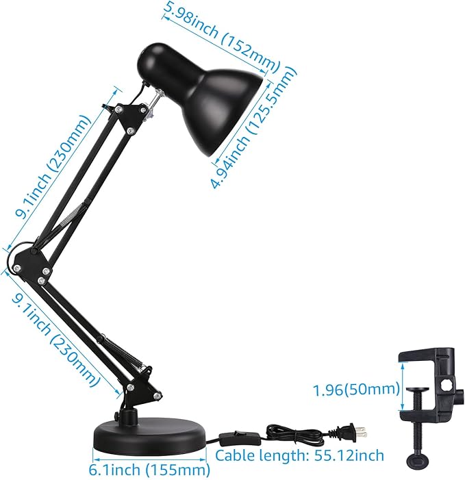 TORCHSTAR Metal Desk Lamp with Clamp, Swing Arm, Architect Adjustable Gooseneck Table Lamp, Clip Desk Lights for Home Office, Work, Study, Reading, E26 Base, Multi-Joint, Black