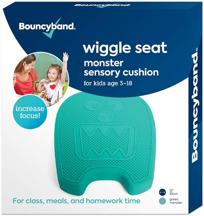 Shaped Wiggle Seats by Bouncyband – Green Monster, 13"x10.5"x2.2" – Inflatable Sensory Cushion for Kids, Improves Student Productivity and Focus, Comes with Easy-Inflation Pump to Customize Firmness