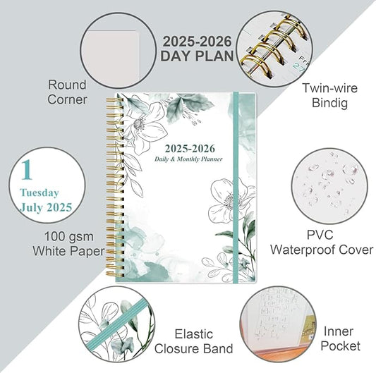 2025-2026 Daily & Monthly Planner - One Page Per Day, Daily Planner 2025-2026 from July 2025 to June 2026, Planner 25-26 with 12 Monthly Tabs, 6.4" x 8.5", Teal Flowers
