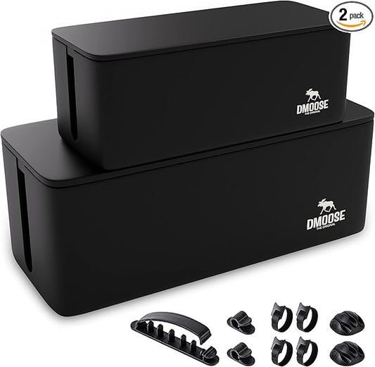DMoose Cable Management Box - 2 Pack Medium & Large Cord Organizer for Desk & Floor, Cable Organizer Box for Child & Pet - Cable Box Hider for Tidy Office & Home, Power Strip Cover (Black - Pack of 2)