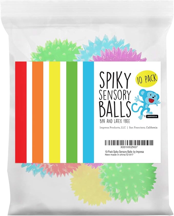 IMPRESA Spiky Fidget Balls - 10-Pack, Multicolor - Stress Ball & Squeeze Toy for Kids & Adults