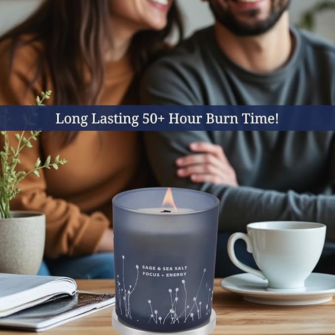 White Sage Sea Salt Scented Candle - Large Wood Wick Soy Candle 10.6 oz - Sage Candles for Cleansing House - Aromatherapy Energy Cleansing Candle