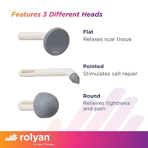 Rolyan Mini Massager with Battery, Handheld Compact Massager with Interchangeable Heads Reduces Scar Visibility, Quiet Vibration, Ergonomic Grip, Portable for On-the-Go Use, Battery Operated