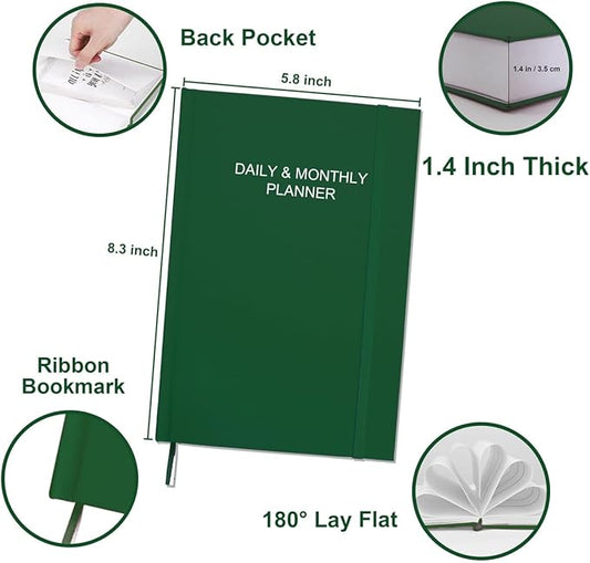 Daily & Monthly Planner for 2025 2026 or Anytime - ADHD Planner Two Pages Per Day, Daily Planner Undated to Increase Focus, Eliminate Overwhelm, Achieve Your Biggest Goals, 5.8'' × 8.3'', Green