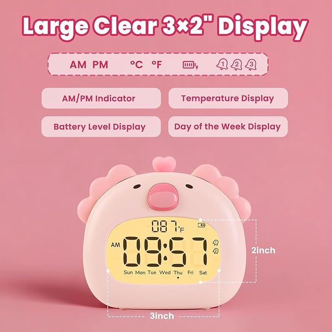 Axolotl Alarm Clock with Night Light for Kids – Cute Digital Sleep Trainer with LED Display, 3 Alarms, Countdown Timer, Adjustable Brightness – Rechargeable Bedside Clock for Boys and Girls