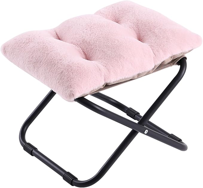 LITA Folding Footrest Stool, Portable Ottoman Foot Rest, Upholstered Small Foldable Ottoman Stool with Detachable Thick Cotton Cushion Padded Sofa Stool for Living Room, Bedroom, Plush Pink