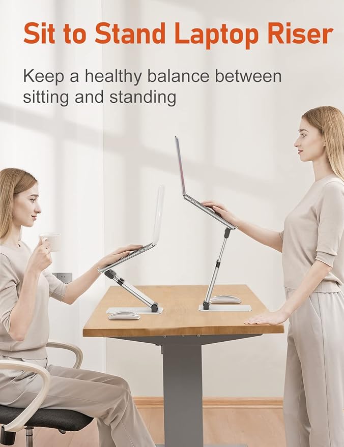 Ergonomic Laptop Stand for Desk, Sit to Stand Laptop Riser, Adjustable Height up to 21", Standing Computer Stand, Promote Healthy Posture Compatible with MacBook Air Pro, All Laptops 10-17"-Silver