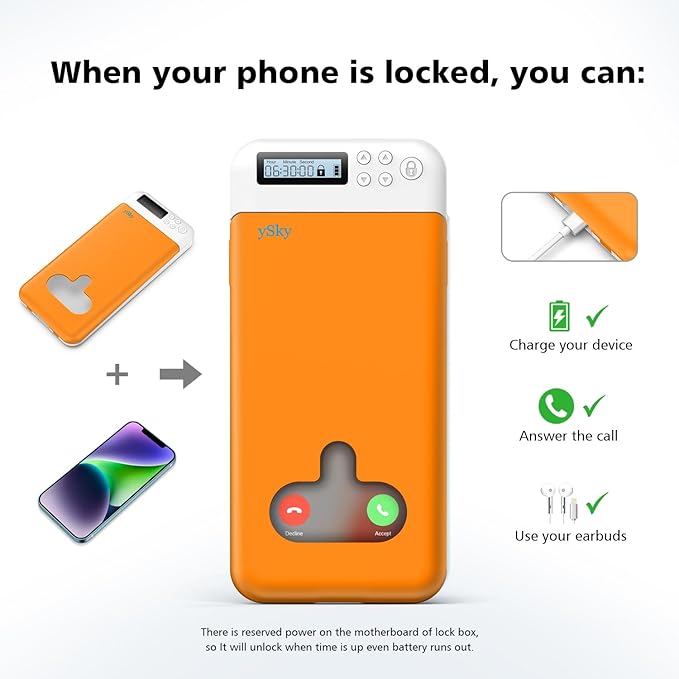 ySky Phone Lock Box with Timer for iPhone and 6.7inch Android Phones, Portable Self-Control Timed Phone Locker to Help Kids,Students,Adults Focus Back,Phone Jail to Prevent Phone Addiction(Orange)