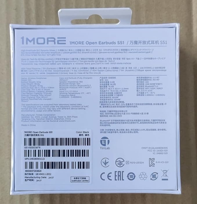 1MORE S51 Open Ear Headphones - Lightweight Secure Fit, Open Ear Earbuds Wireless Bluetooth, 40H Playtime, Bass More+, IPX5 Waterproof, Clear Calls, Game Mode