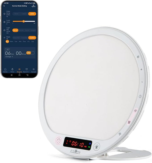 Light Therapy Alarm Clock Wake up Light 10000 lux Sunrise lamp Bright Light Alarm Clock APP Control Built in Lithium Battery Portable for Travel