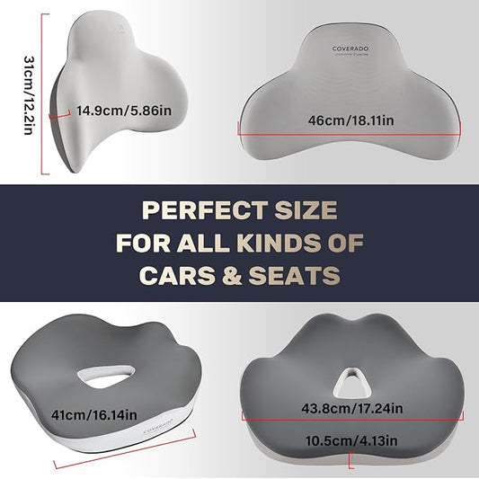 Coverado Seat Cushion and Lumbar Support Pillow for Car Office Chair, Ergonomic Memory Foam Desk Chair Cushion Back Support Pillow, Sciatica & Back & Tailbone Pain Relief Cushion