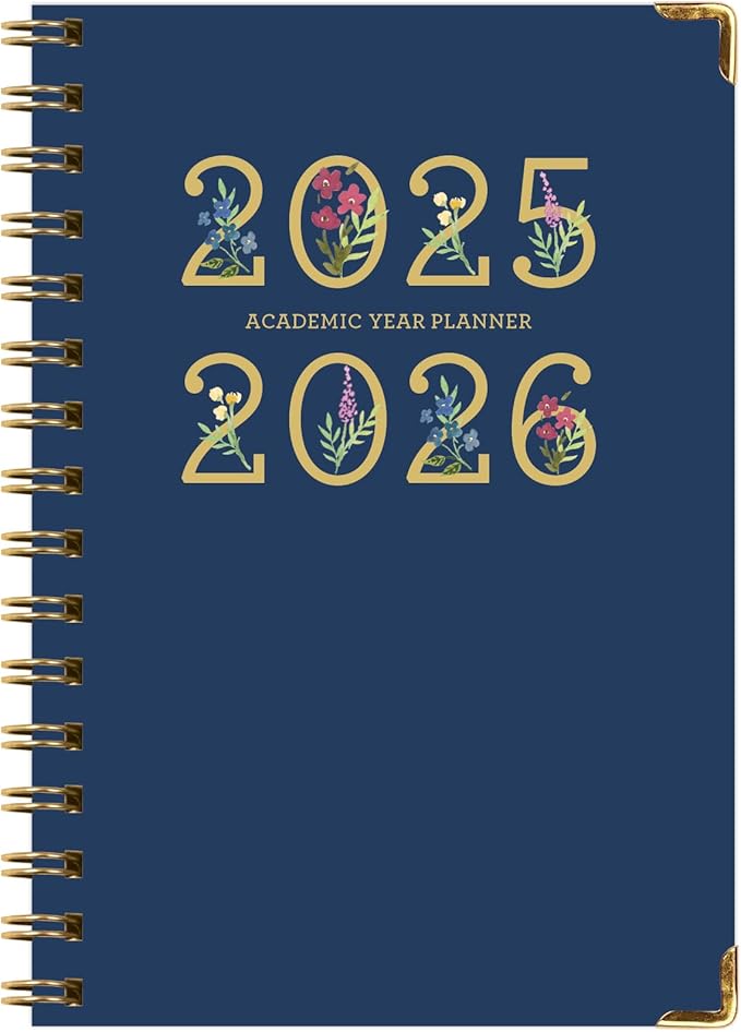 HARDCOVER Academic Year 2025-2026 Planner: (June 2025 Through July 2026) 5.5"x8" Daily Weekly Monthly Planner Yearly Agenda. Bookmark, Pocket Folder and Sticky Note Set (Navy Gold Numbers)
