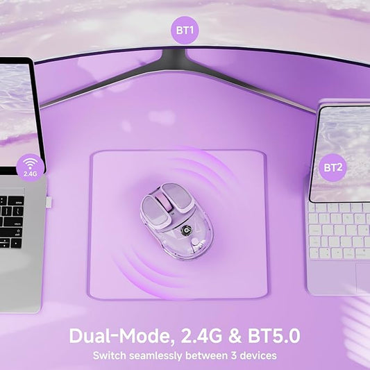 EWEADN Q9 Wireless Clear Mouse Dual Mode Bluetooth & 2.4G USB Computer Mouse with RGB Lighting, Silent Clicks, Multi-Device Compatibility for Laptop, PC, MacBook, iPad Cute Mouse-Purple