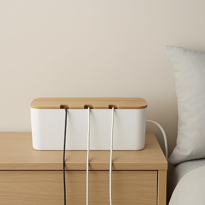 Cable Management Box, Cord Cable Organizer Box with Bamboo Lid, Under Desk Cable Management with 10 Cable Ties and 2 Cable Clip Holders for TV Router Computer USB Hub White