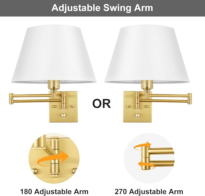 TRLIFE Remote Control Dimmable Wall Sconce, Adjustable Color Temperature 2700K-6500K Brushed Brass Swing Arm Wall Lights with Plug in Cord, 11.8" Large White Shade(2 Pack, 2 Bulbs)