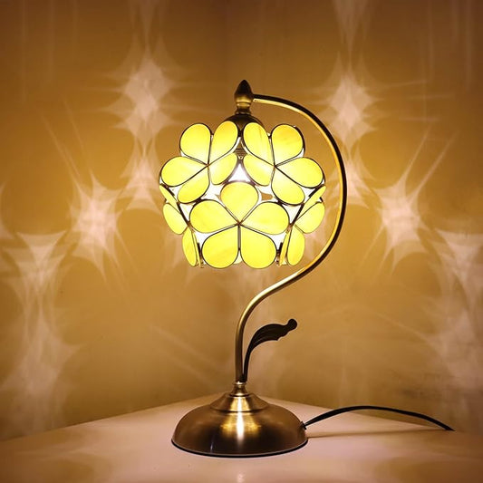 Bieye L10910 Tiffany Style Stained Glass Flower Petal Table Lamp with Brass Base for Home Décor (Yellow Orange, 8" Cherry Blossom)