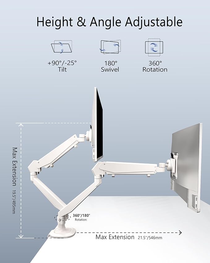 Dual Monitor Mount for 2 Screens up to 32 Inch and 19.8 lbs, Fully Adjustable Gas Spring Monitor Arm Desk Mount, Vesa Monitor Mount with C Clamp, Grommet Base, Aluminum, White