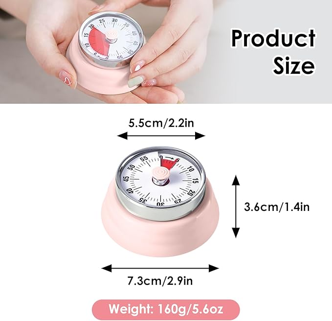 Visual Timer, Teeloray 60-Minute Countdown Timer, Kitchen Timer with Magnetic Base, Mechanical Clockwork, Ringer Alert, Time Management Tool for Children and Adults, Study/Work/Cooking (Pink)