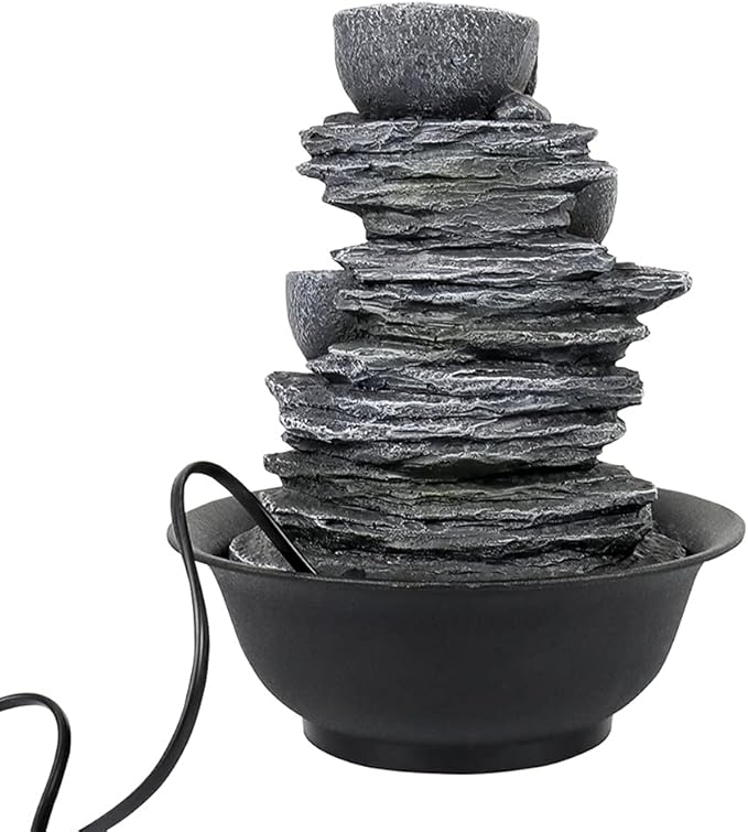 10.6” High Cascading Tabletop Fountain w/LED Light - 4-Tier Bowls Rock Water Fountains Indoor Small Relaxation Waterfall Feature for Home, Office and End Table Decoration (10.6" high, Gray)