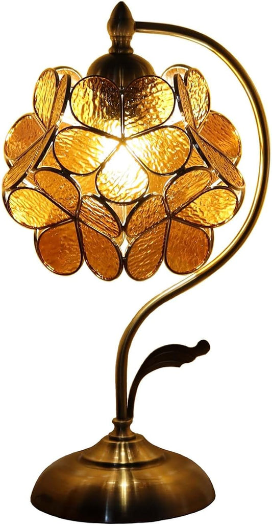 Bieye L10751 Tiffany Style Stained Glass Flower Petal Table Lamp with Brass Base for Home Décor (Amber, 8" Cherry Blossom)
