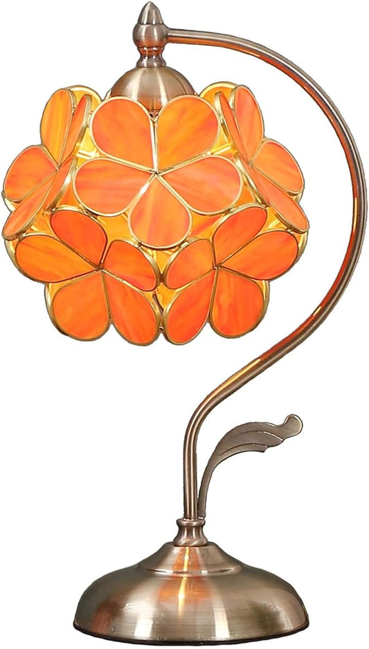 Bieye L10753 Tiffany Style Stained Glass Flower Petal Table Lamp with Brass Base for Home Décor (Orange, 8" Cherry Blossom)