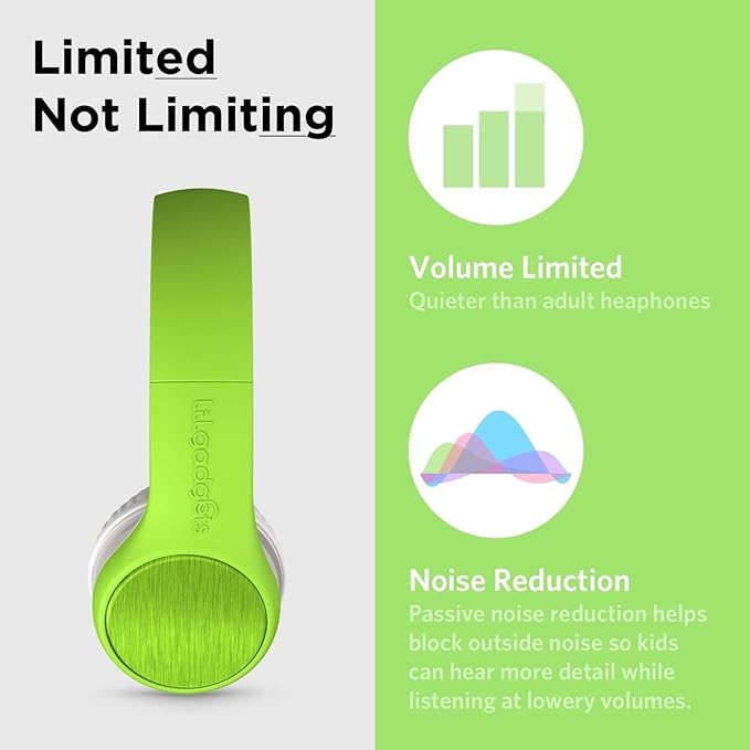 LilGadgets Connect+ Style On-Ear Kids Headphones w/Microphone - SharePort Technology, SoftTouch Padding, Detachable Cable, Noise Reduction, Durable & Adjustable, Green Kids Headphone with Microphone